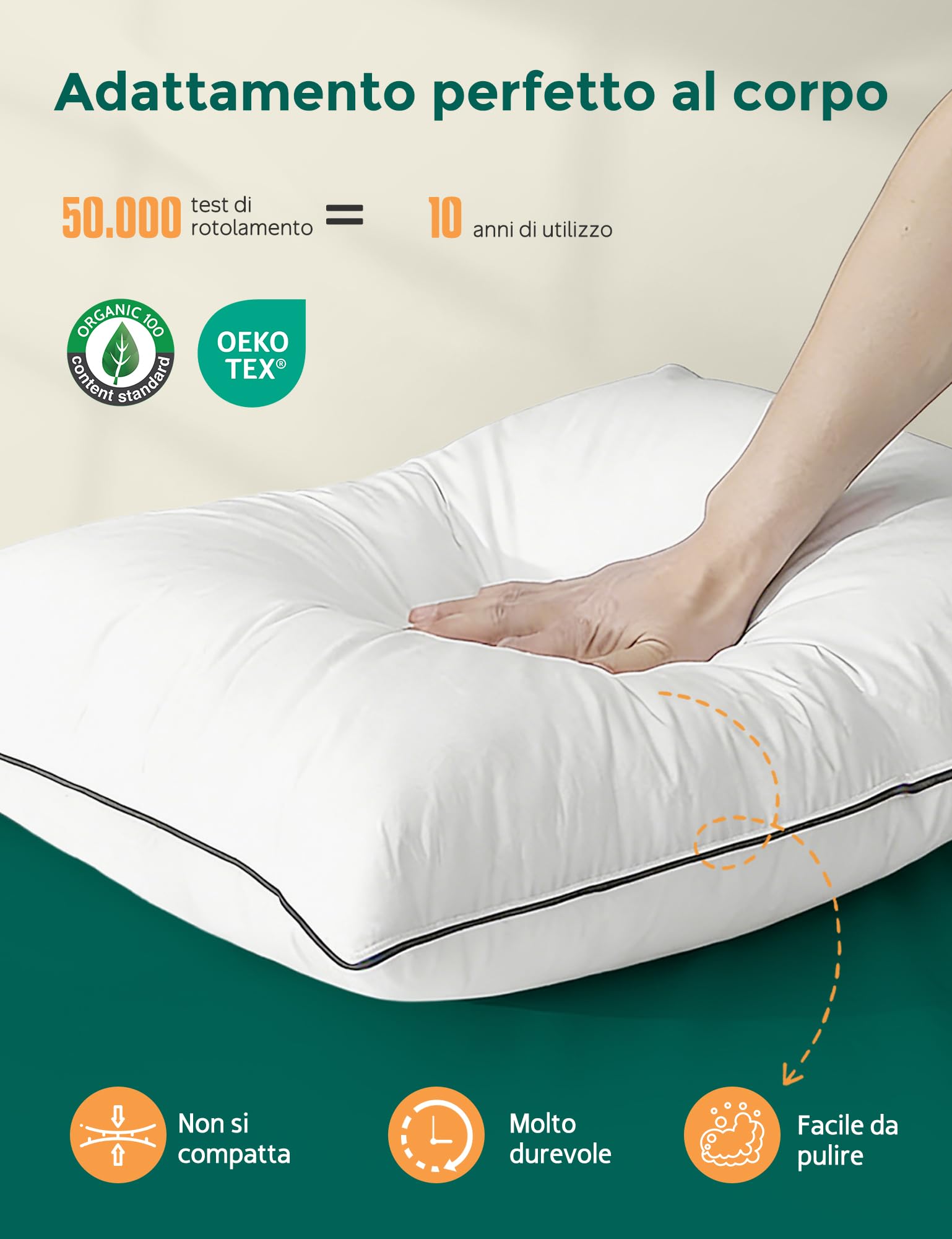 APSMILE Cuscino in piuma 50x75 con imbottitura a 3 scomparti - cuscino 50x75 100% cotone organico, morbido e di sostegno (Bianco, 2 pezzi)