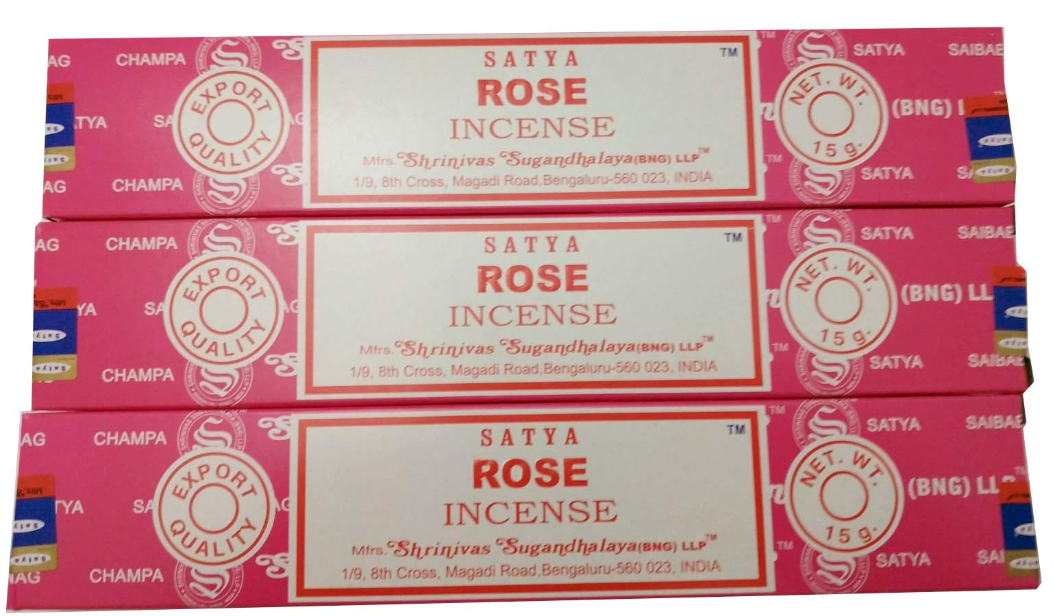 Satya Encens Aromatique Rose - Bâtons d'Encens Naturel Aromathérapie, 3 Boîtes de 15 g