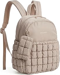 BAGSMART Mini Backpacks for Women, Puffy Checkered Quilted Small Backpack with Pouch, Lightweight Daypack Purse, Water-Resistant Bookbag for Daily Travel College, 2-in-1 Set, Brown