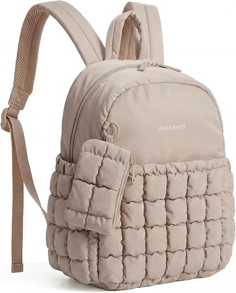 BAGSMART Mini Backpacks for Women, Puffy Checkered Quilted Small Backpack with Pouch, Lightweight Daypack Purse, Water-Resistant Bookbag for Daily Travel College, 2-in-1 Set, Brown - 1