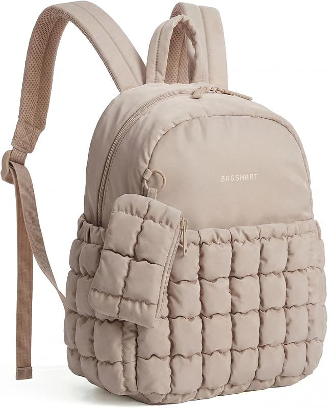 BAGSMART Mini Backpacks for Women, Puffy Checkered Quilted Small Backpack with Pouch, Lightweight Daypack Purse, Water-Resistant Bookbag for Daily Travel College, 2-in-1 Set, Brown