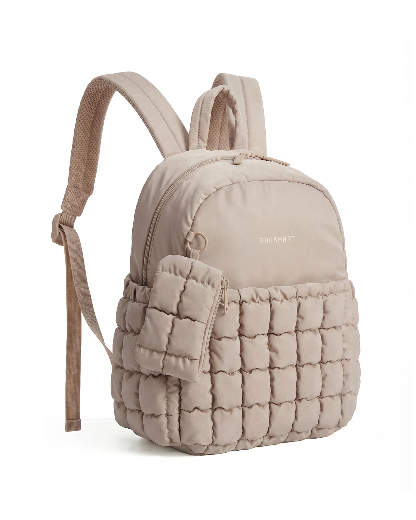 BAGSMART Mini Backpacks for Women, Puffy Checkered Quilted Small Backpack with Pouch, Lightweight Daypack Purse, Water-Resistant Bookbag for Daily Travel College, 2-in-1 Set, Brown