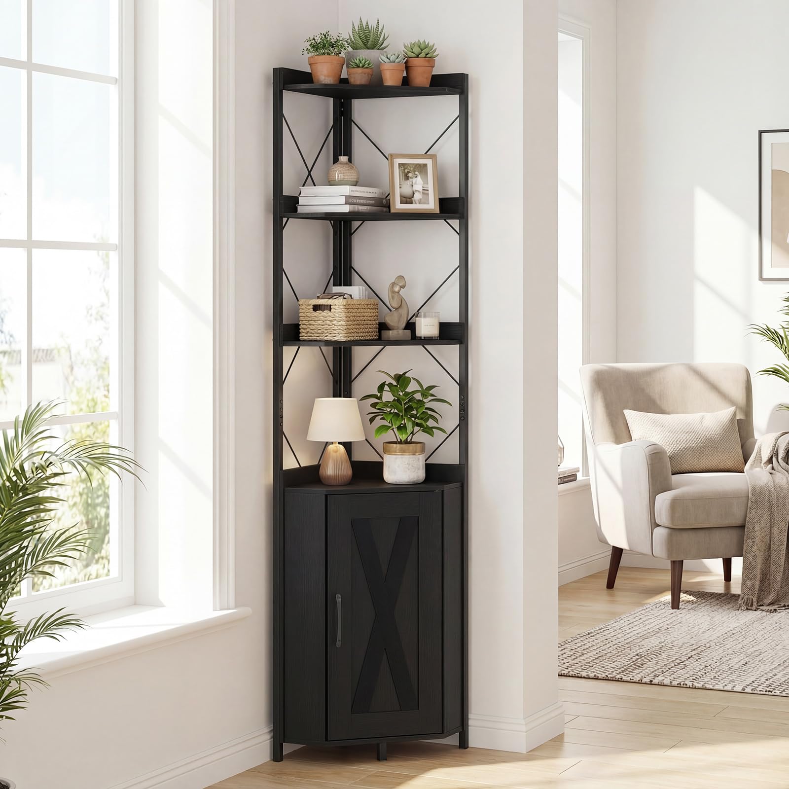 GIANTEX Mensola angolare in piedi con armadio e 6 livelli, 180 cm alto con ripiano regolabile a 5 livelli, vetrina angolare indipendente con porta, scaffale industriale (nero)