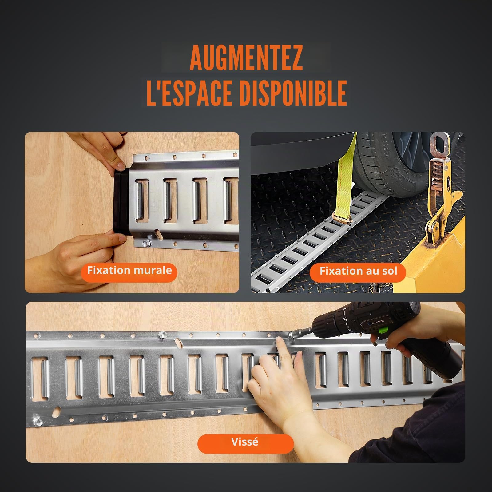 VEVOR Kit de Rails d'arrimage E-Track, 24PCS 1524 mm, avec 8 Rails Acier, 8 Joints toriques, 8 Attaches avec Anneau D, Accessoires de Fixation Polyvalents pour Motos, Cargo, vélos, Charge de 907 kg