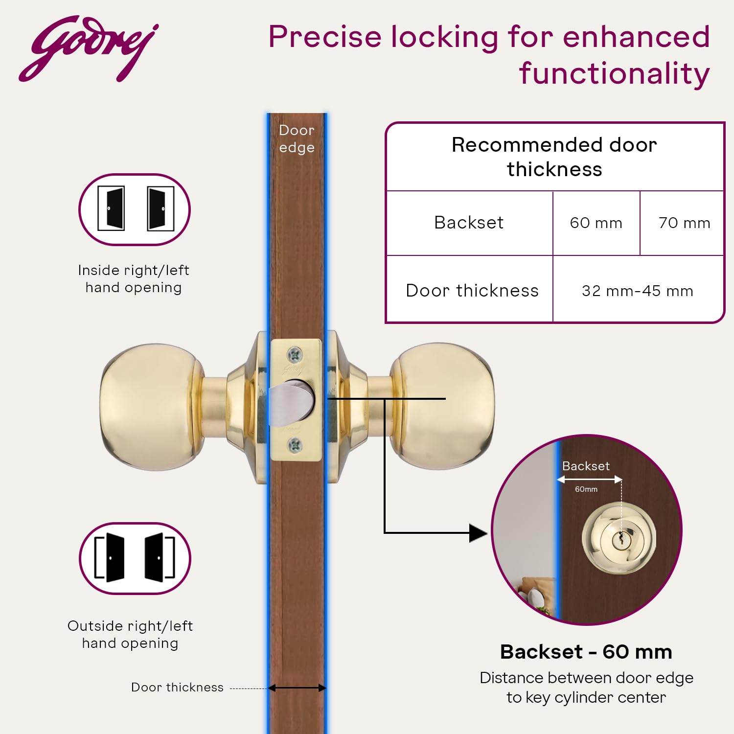 Godrej Cylindrical Lock | with 3 Keys | Classic Range |for Bedroom Doors, Internal Wooden Door | 6cm (60mm) Backset | Suitable for Left/Right Handed & Inside/Outside Opening |Brass Finish 3