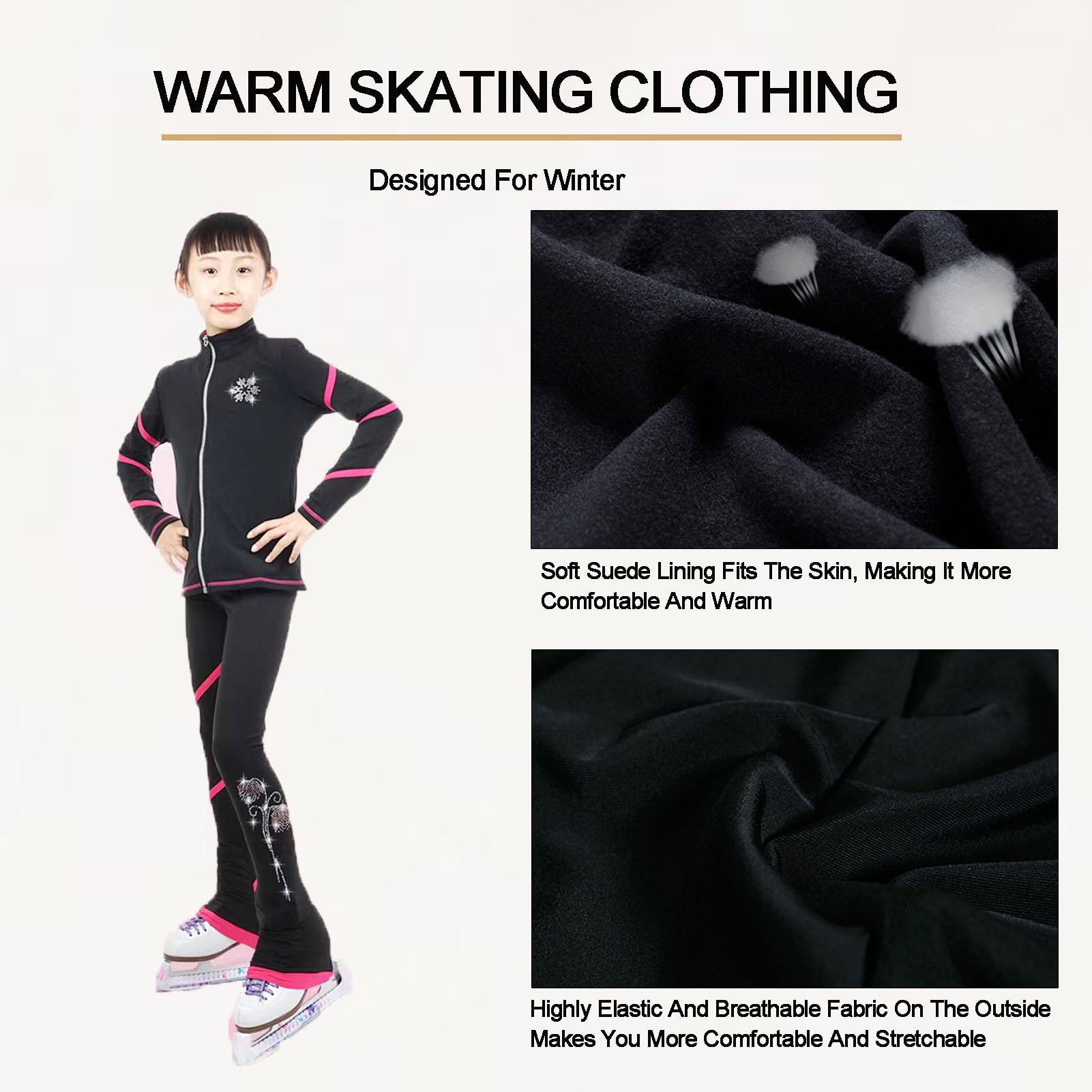 Spodnie do jazdy figurowej, legginsy do jazdy na łyżwach z wysokim stanem i strasami, spodnie treningowe, dziewczęce, damskie, polarowe, ciepłe spodnie do jazdy na łyżwach (czarne, rozmiar S)