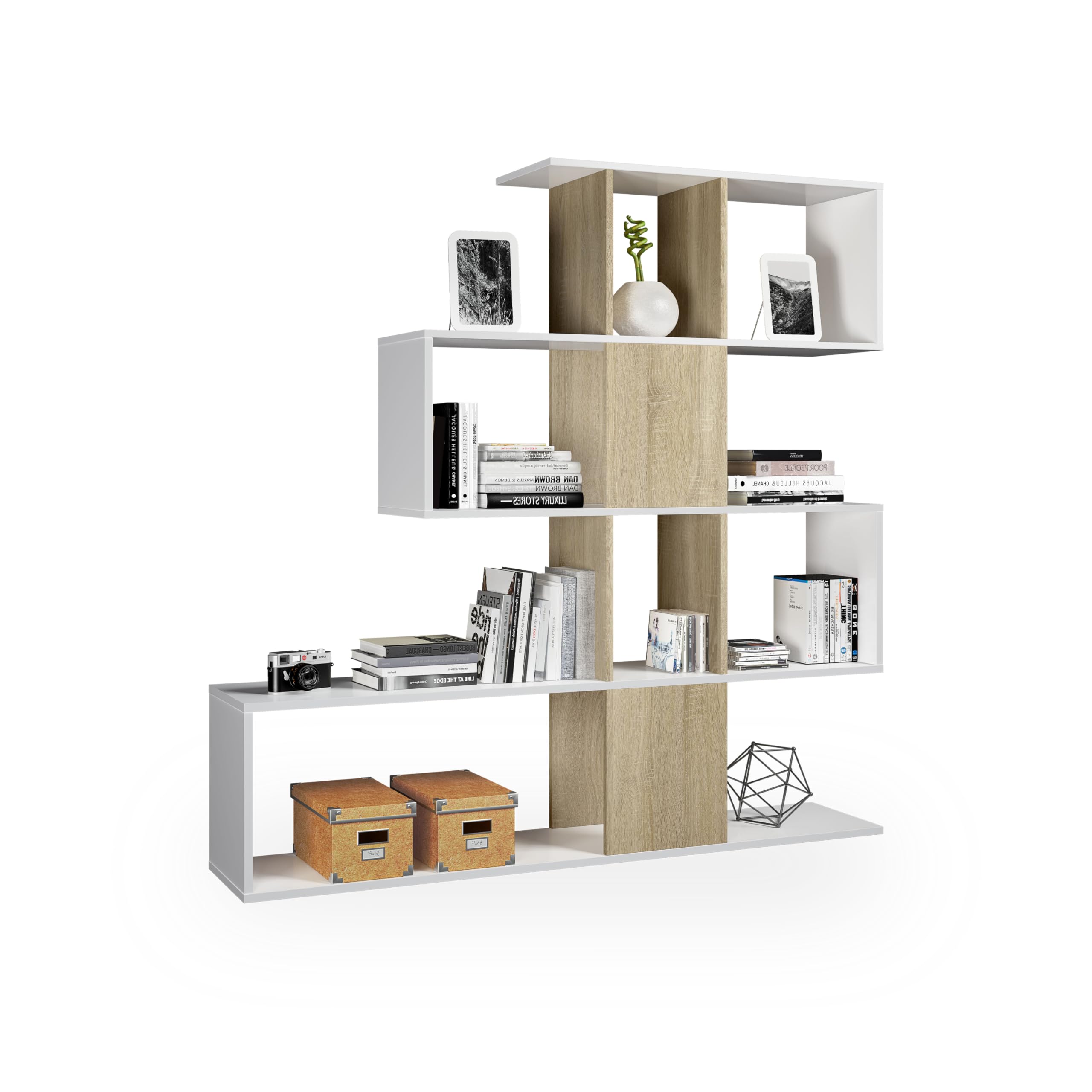 duehome | Estantería Librería, Salón, Comedor o Despacho, Modelo Domi, Acabado en Blanco Artik y Roble Canadian, Medidas: 145 cm (Alto) x 145 cm (Ancho) x 28 cm (Fondo)