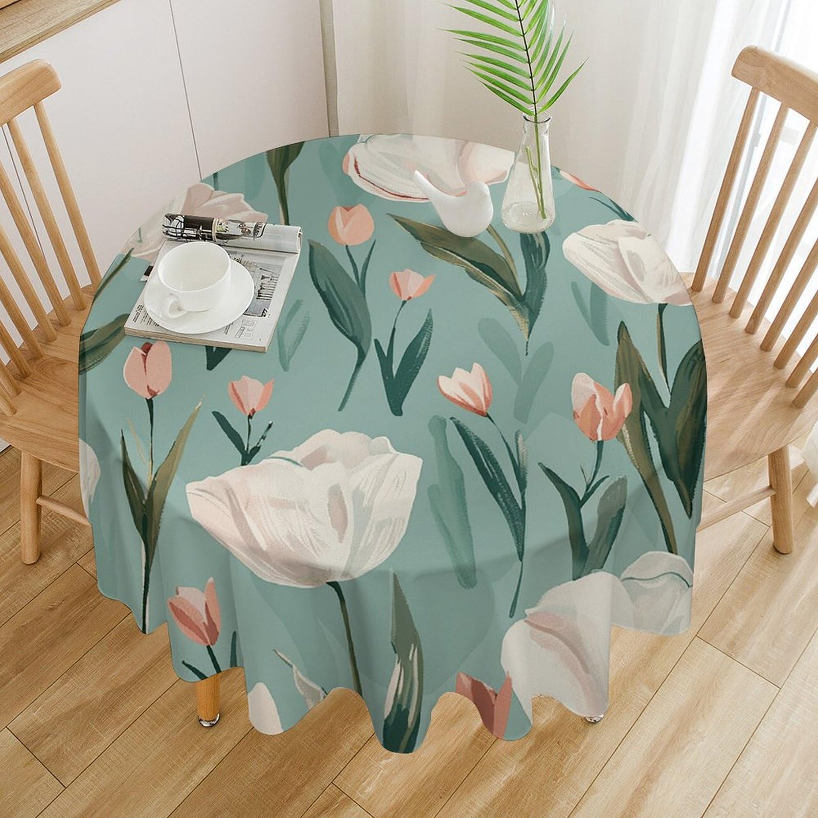 Nappe de table ronde motif floral simple lavable pour terrasse et repas 152cm