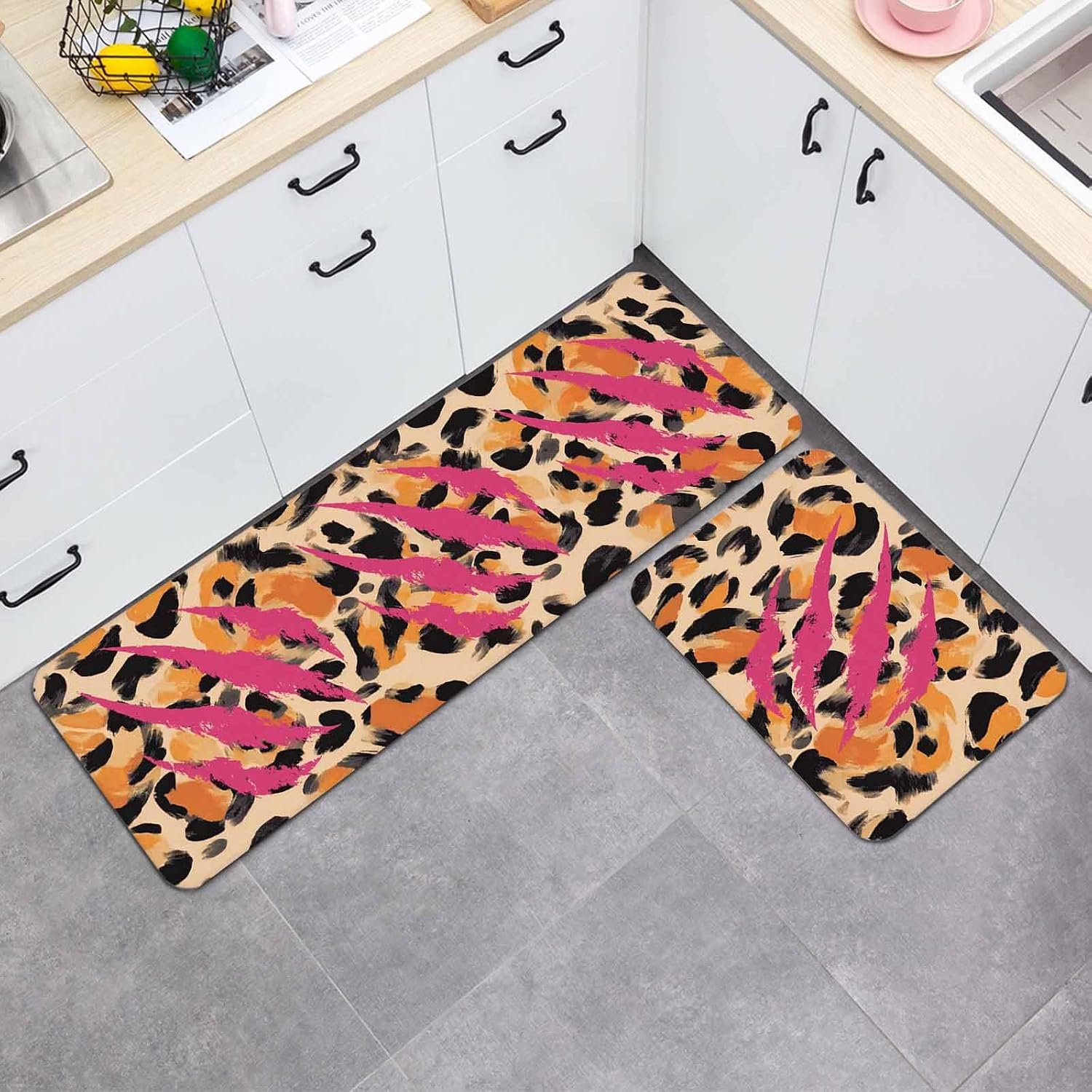 Leopard Print Kitchen Mat Set 2 Pieces Orange Black Spots Retro Animal Pink Claw Marks Non Slip Kitchen Rugs Washable Runner Rug Mats for Floor Sink Laundry Office 19.7" x 31.5"+19.7" x 63"