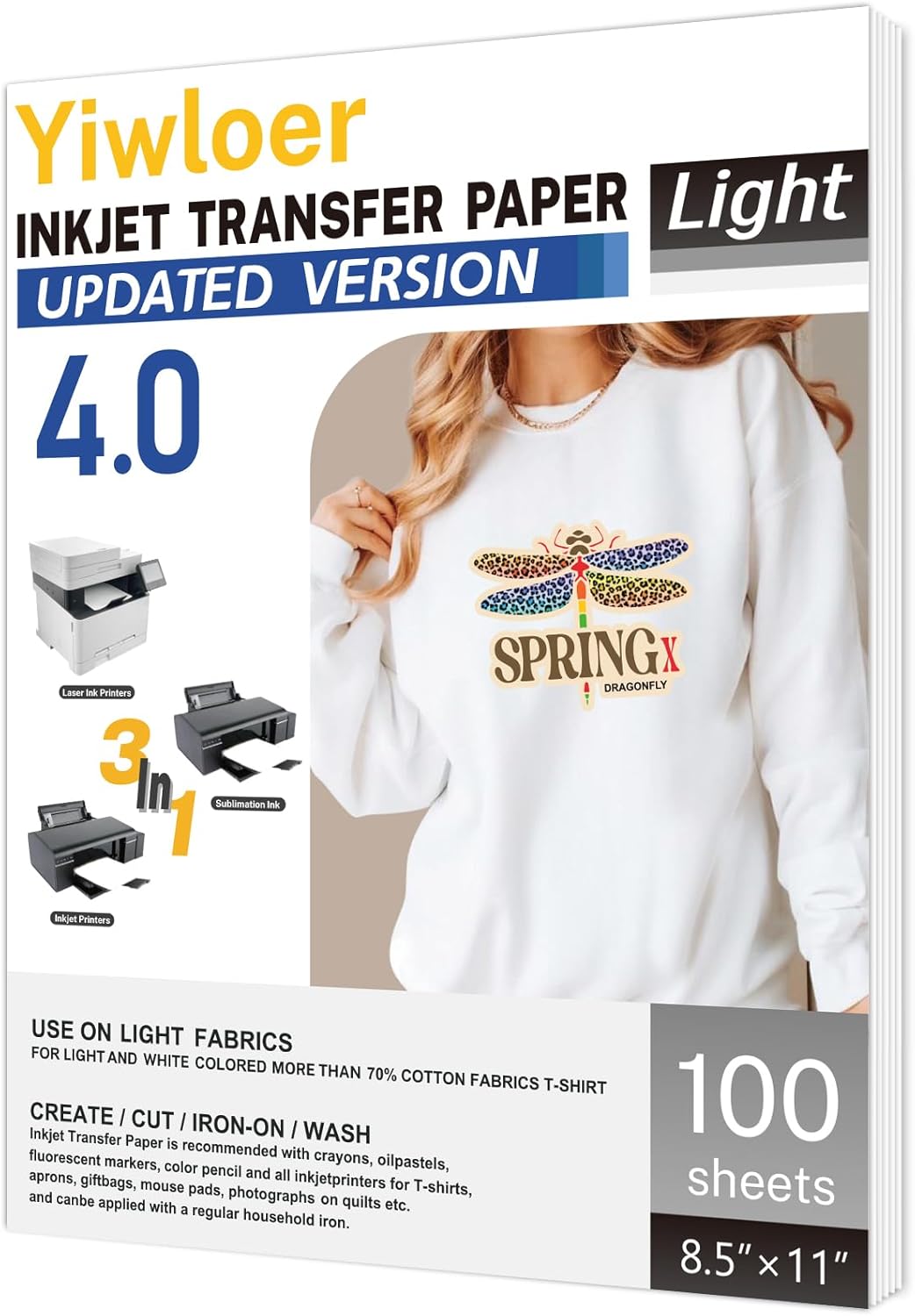 Yiwloer Iron on Heat Transfer Paper for T Shirts (8.5x11'', 100 Sheets) Iron-on Transfers Paper for Light Fabric Printable Heat Transfer Vinyl for Inkjet Printer (Light Fabric 100pcs, 100pcs)