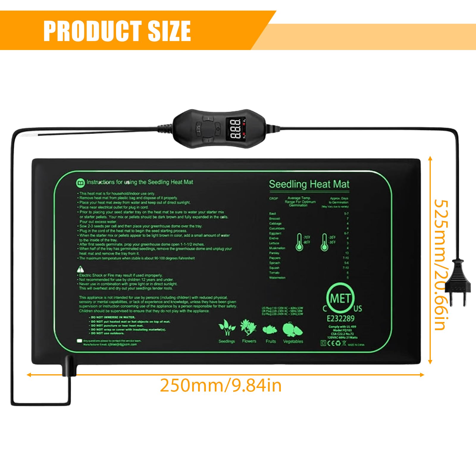 GOMETY - Alfombra térmica para plantas con termostato, 50 W impermeable para siembra y germinación, alfombra calefactora ajustable 52,5 x 25 cm para plantas, animales y reptiles