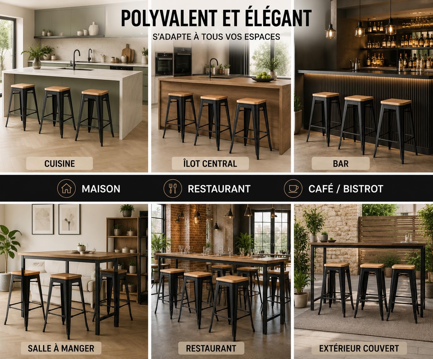 Kosmi Lot de 4 Tabourets de Bar Industriels 66 cm – Structure en Métal Noir Mat, Assise en Bois Clair, Style Loft Vintage, Cuisine, Îlot Central, Bar, Restaurant, Montage Facile