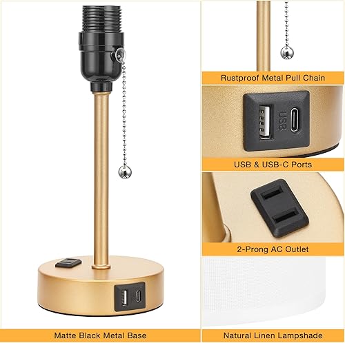 Miniatura 123 de Lámparas de noche pequeñas, 3 modos de color, blanco roto 3000K 4000K 5000K Lámparas de dormitorio con puertos USB C y A, lámparas de mesa de cadena