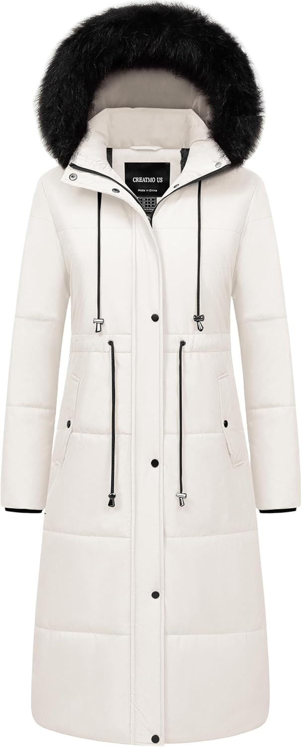 CREATMO US Women's Long Winter Coat Warm Waterproof Puffer Jacket Snow Quilted Bubble Parka with Hood