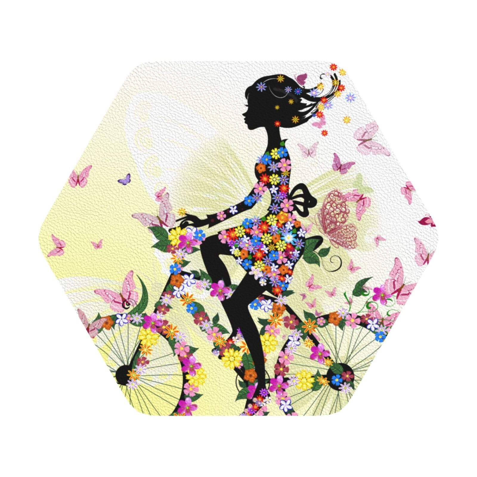 Girl Bicycle Butterfly PU Leather Coasters Set of 6 Hexagon Drink Coasters