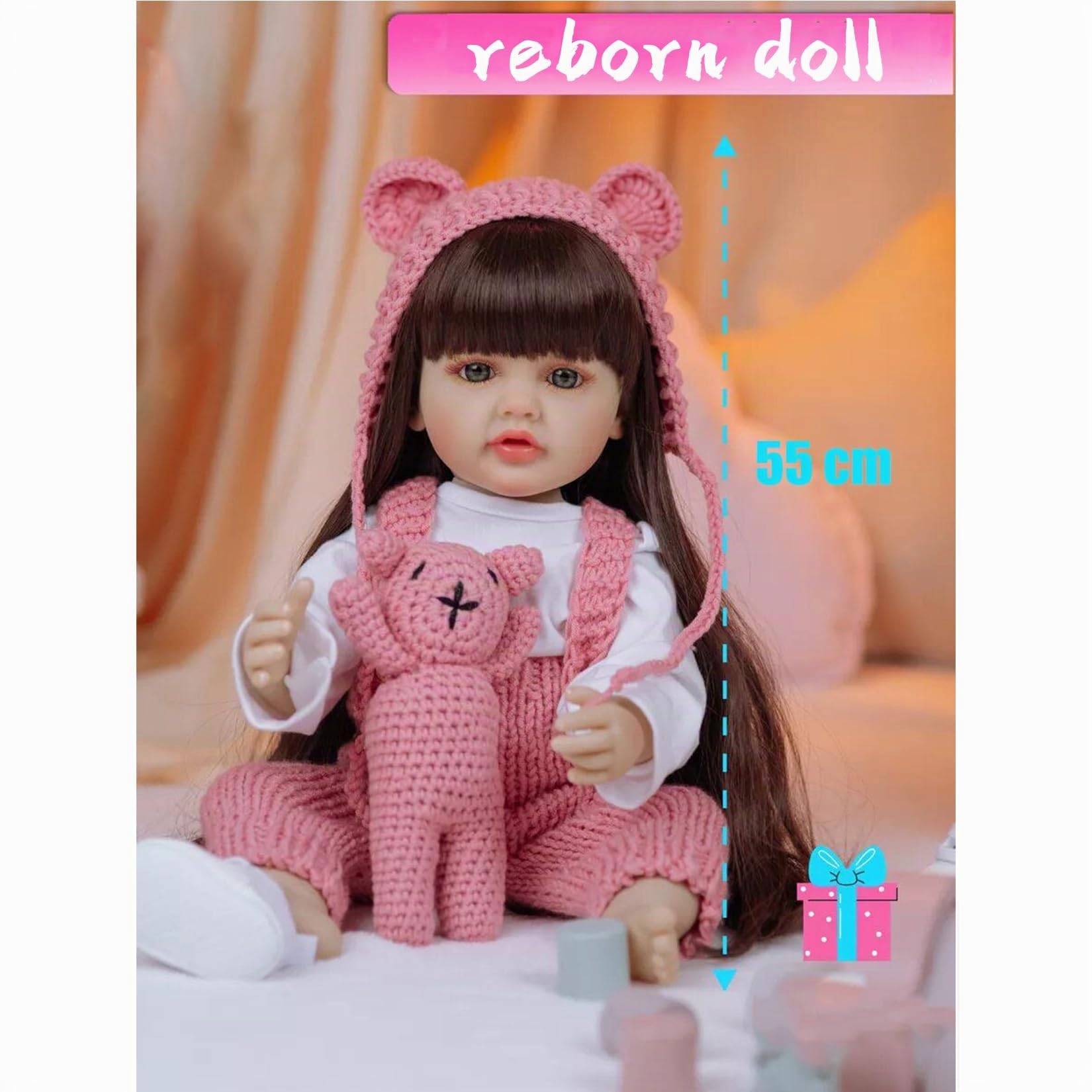 Bambole Reborn 55 cm Corpo Intero in Silicone Vestito Rosa Lavorato a Maglia Capelli Lunghi Castani, Regalo di Natale Bambola Originali Reborn