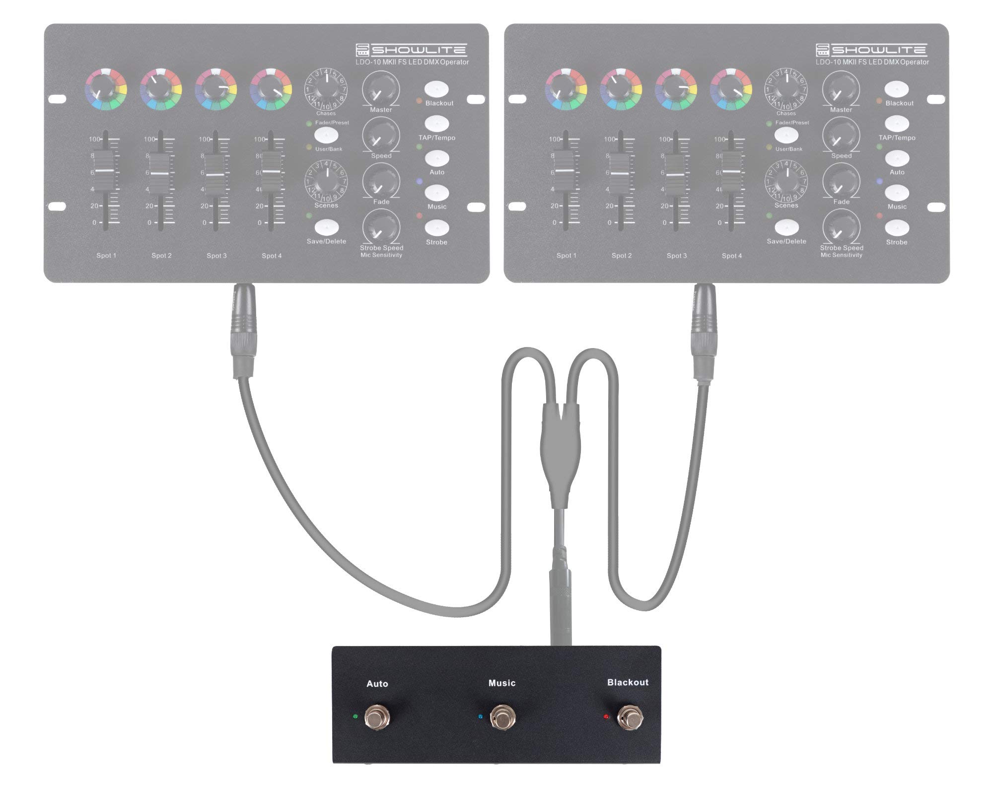 Showlite FS-10 Footswitch für LDO-10 MKII FS - Fußfernsteuerung für Lichtmischpult - drei stabile Fußtaster für Auto, Music & Blackout - wird über Stereo-Klinkenkabel mit LDO-10 MKII FS verbunden