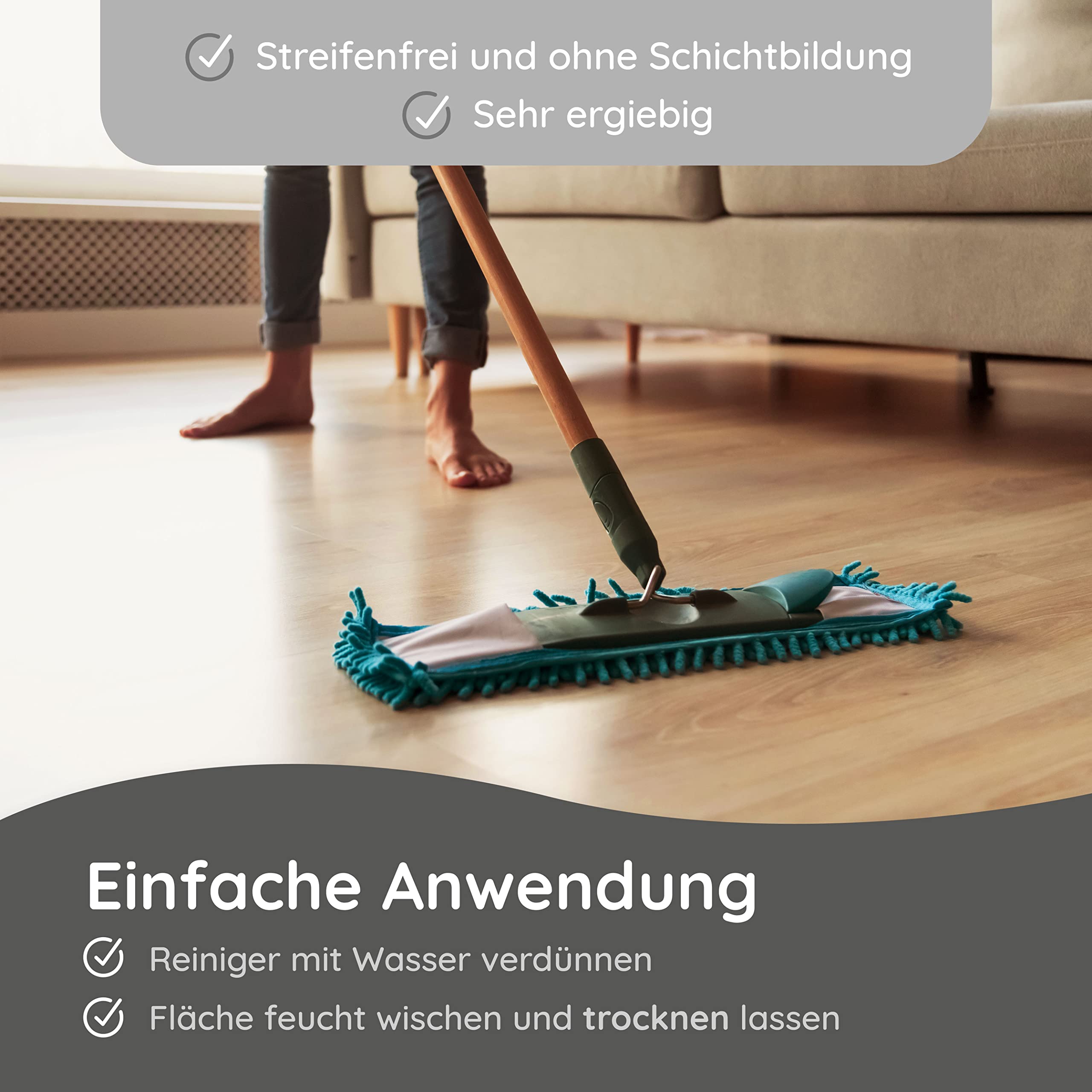 Laminatreiniger und Vinylboden Reiniger (5,0l) - reinigt und pflegt mit 2-in-1 Funktion - der Reiniger der Profis auch anwendbar als PVC Reiniger, PU Reiniger und Linoleum Reiniger