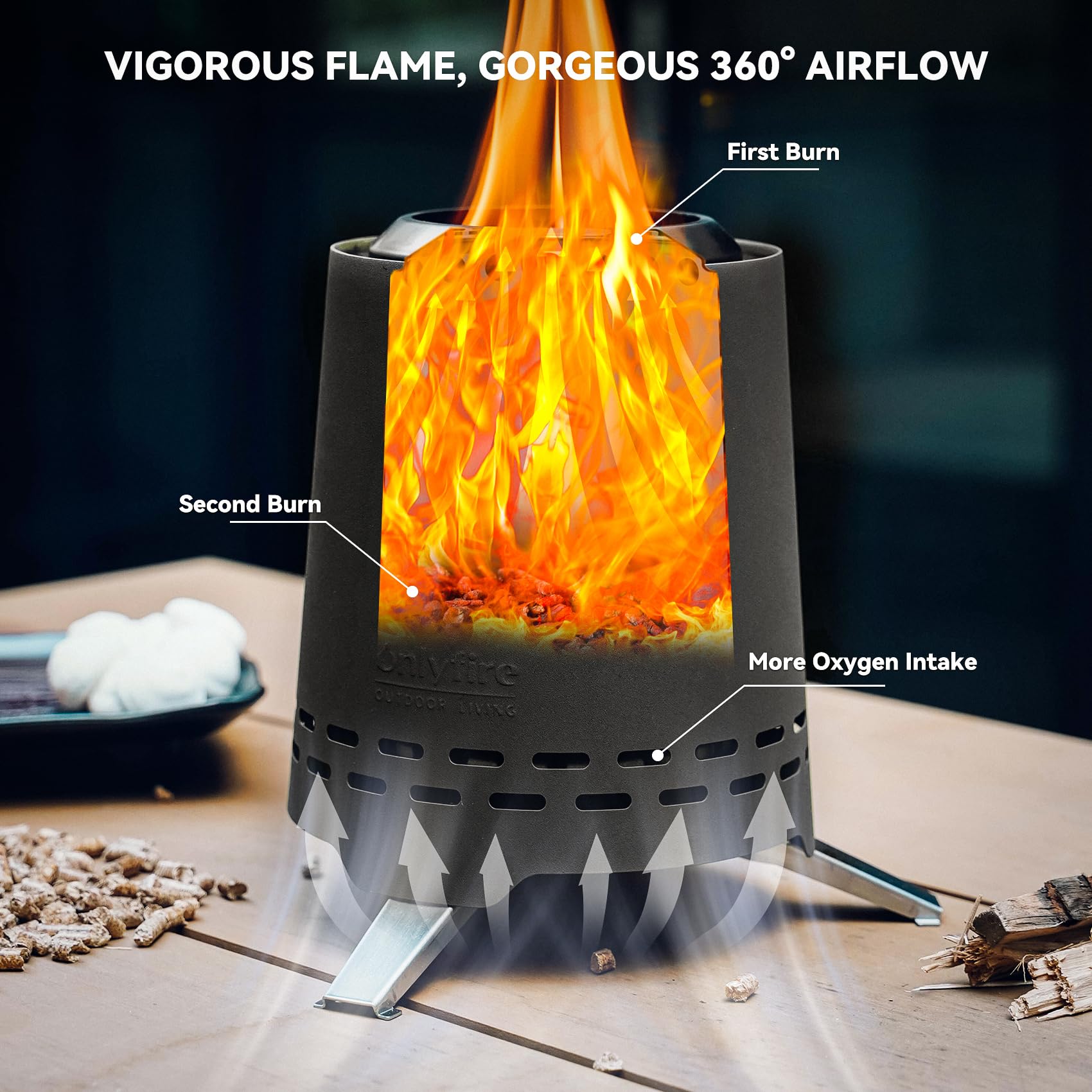 Onlyfire Braciere Senza Fumo da Tavolo, Focolare Portatile con Staffa per Vaso e Borsa da Trasporto, Bruciatura a Legna e a Pellet, per Campeggio all'aperto Tailgating Patio, Acciaio Inox, Nero