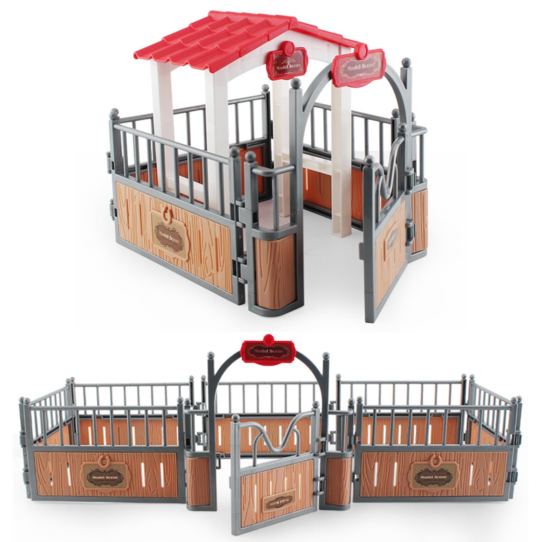 Juego de 2 establos para caballos, modelo de cenador y valla de plástico, juguetes de caballos imaginativos y creativos, accesorios educativos para juegos de granja, juguetes de animales de granj