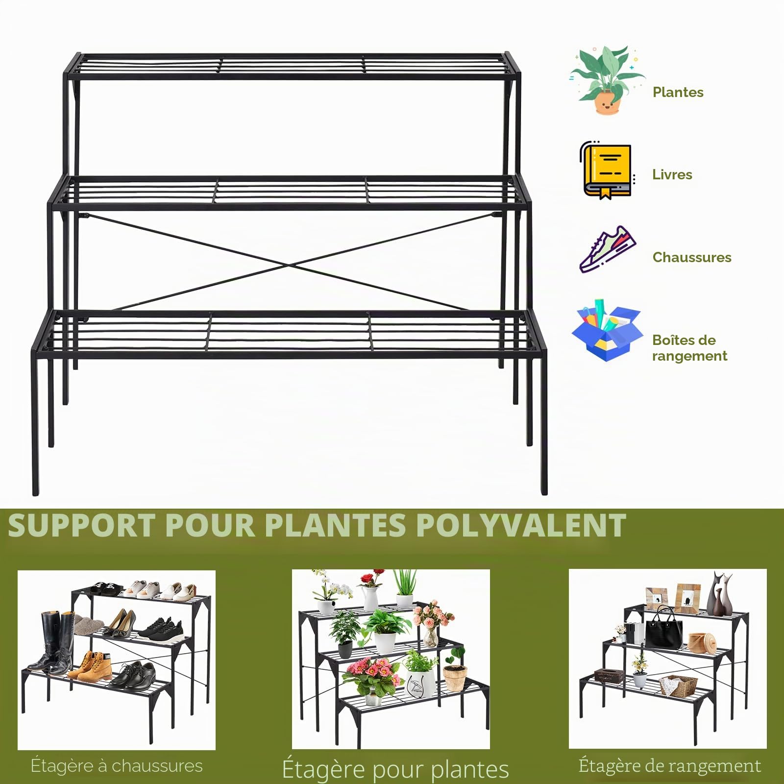 Étagère pour plantes à échelle en métal, porte-fleurs, support multi-usage et robuste pour fleurs à 3 niveaux, piédestal pour plantes de balcon, jardin, noir (86,4 x 66 x 66 cm)