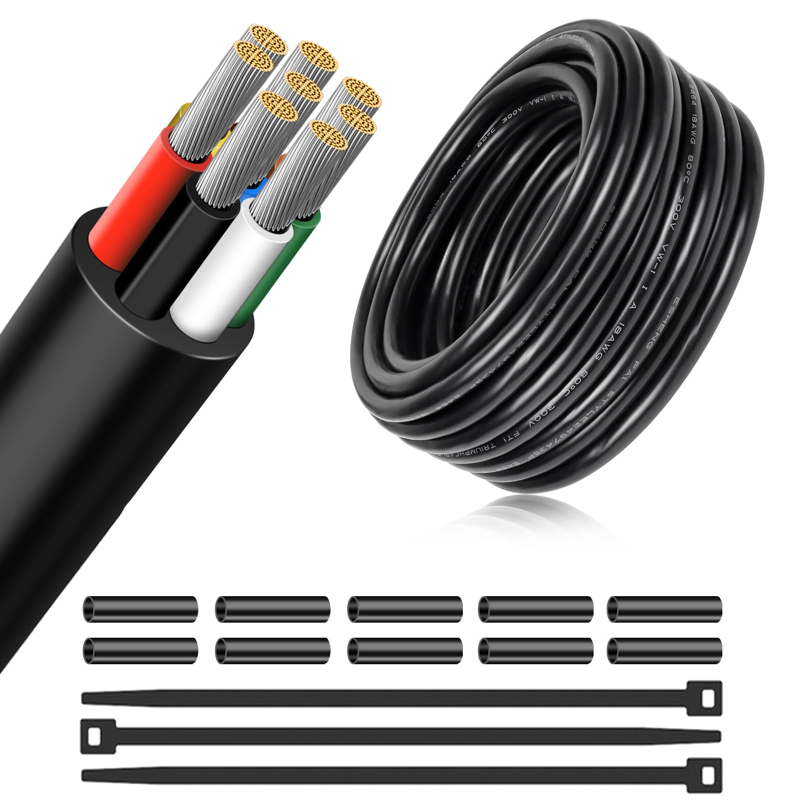 18 Gauge 8 Conductor Electrical Wire, 10 FT Low Voltage 18/8 Tinned Copper Stranded 8 Wire Cable, 18 AWG Black Flexible Extension Power Cord for Automotive,Sprinkler,Thermostat,Trailer,Irrigation Etc