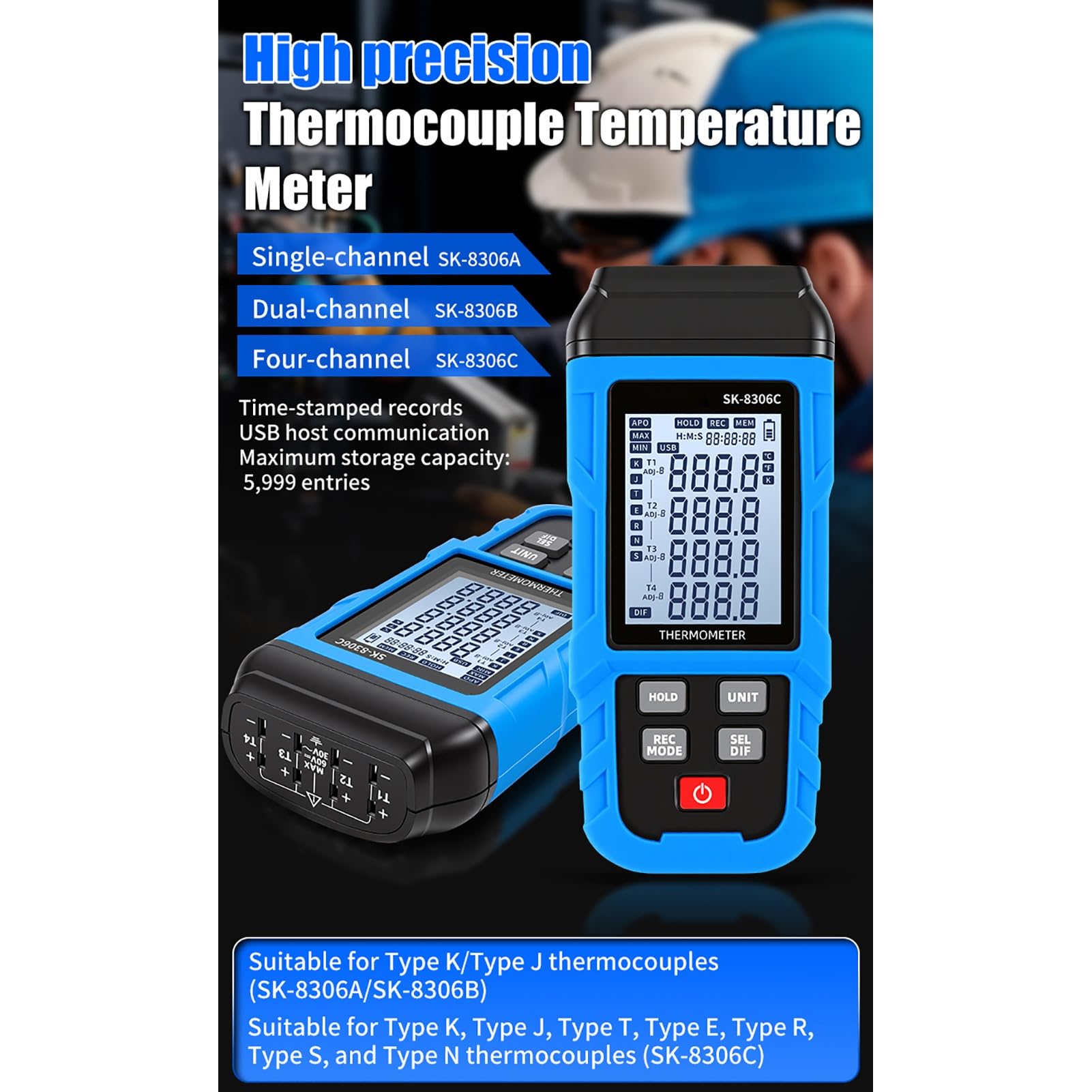 Elprico Thermomètre à Thermocouple Numérique, Enregistreur de Données de Compteur de Température de Type K J à 4 Canaux avec Stockage Bluetooth USB 5999, pour Industriel (SK-8306C Quad-Canal)
