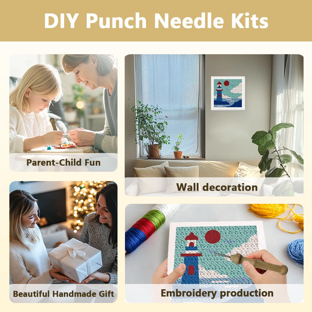 DOODLREAM Lighthouse DIY Punch Needle Embroidery Kit for Adult Beginner 24cm Sea Building Punch Stitching Craft Set for Starter with Frame Fabric Pattern - Image 4