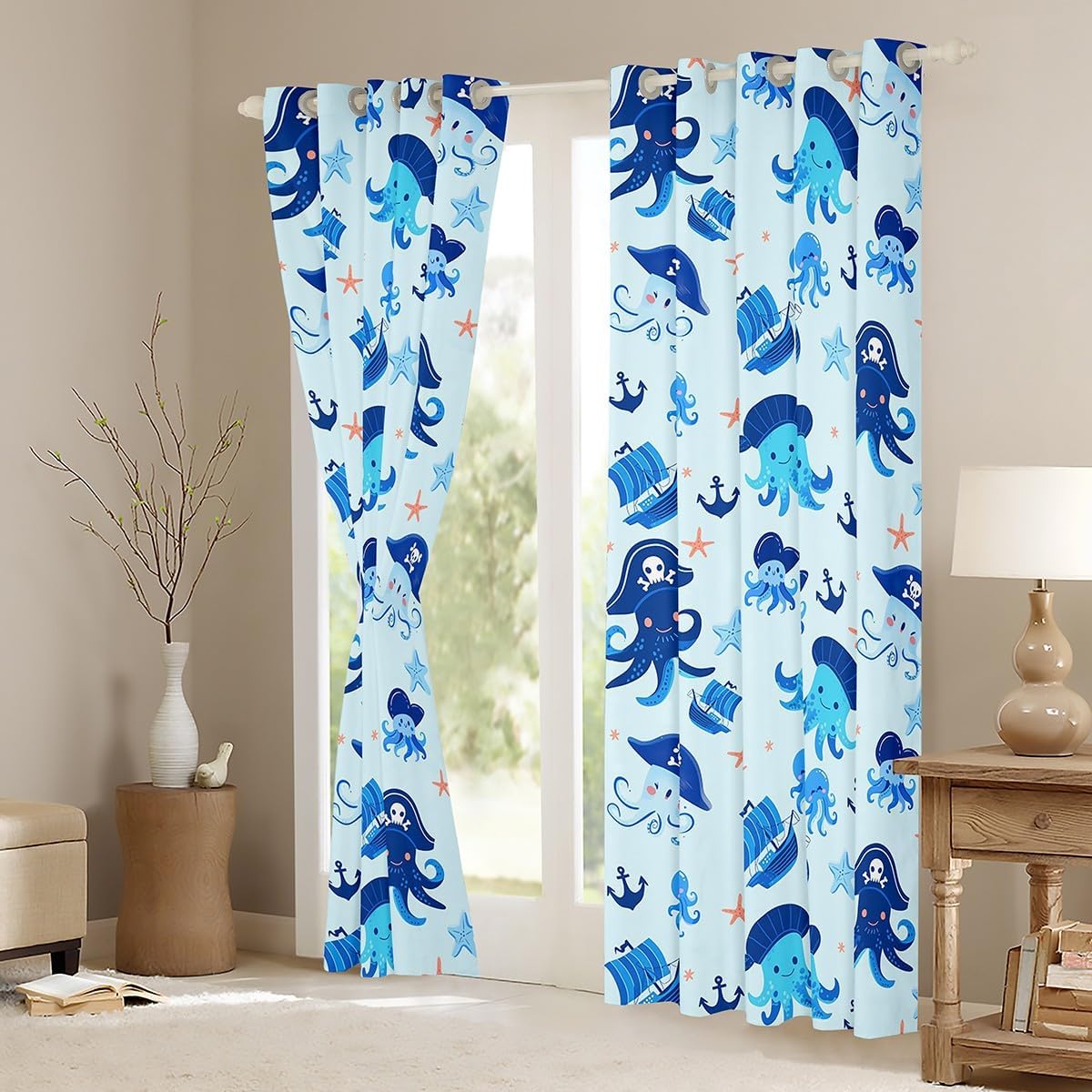 Manfei Kawaii Octopus Curtains,Kids Aults Teens Room Decor Ocean Nautical Ship Anchor Window Treatment Curtain,Watercolor Sealife Cartoon Starfish Window Drapes,Top 2 Panel,52Wx90L