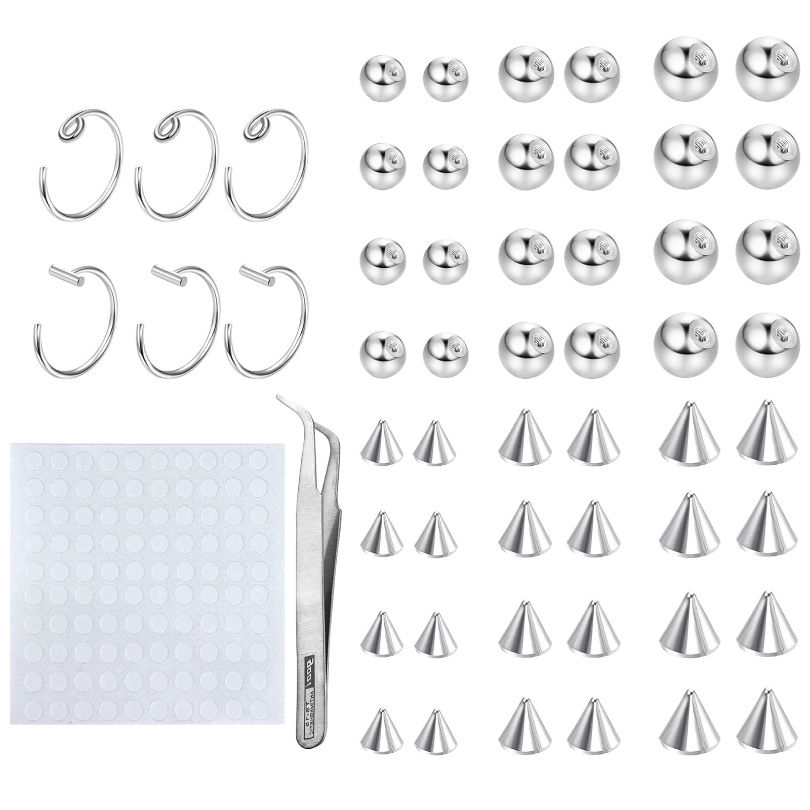 54Pcs Fake Eyebrow Rings Fake Lip Labret Studs with Replacement Balls Spikes Non-Piercing Nose Hoop Body Jewelry 100Pcs Stickers Fake Skin Piercing 3MM 4MM 5MM Sizes for Facial Decorations