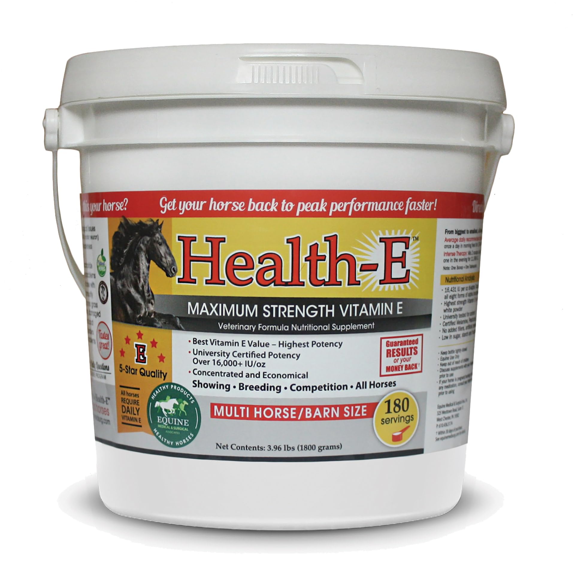 Health-E Vitamin E Supplement for Horses, High-Potency dl-Alpha Tocopherol Powder, Supports Immune Muscle Skin and Nerve Wellness, Low Sugar Starch and Fructans (180 Servings)