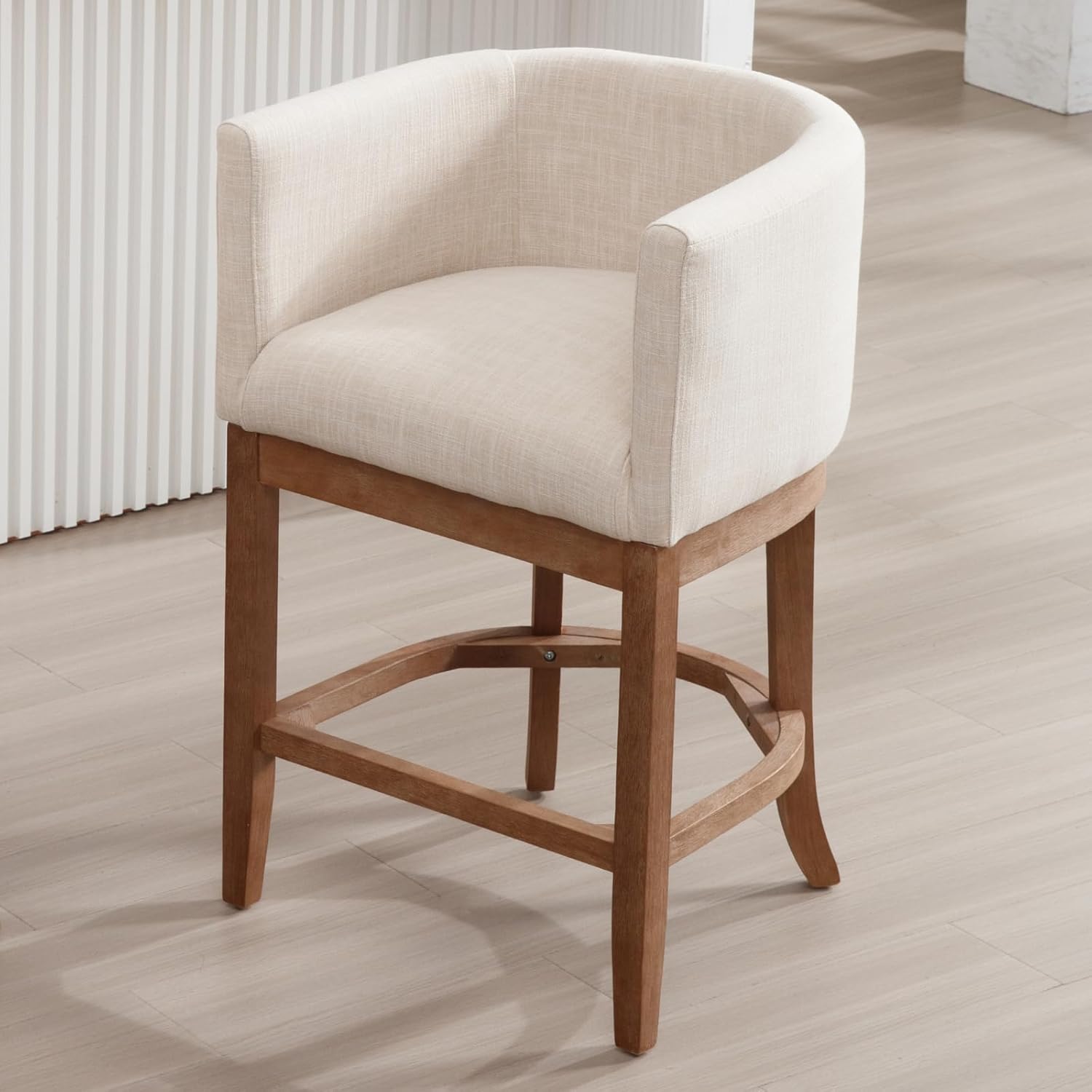 RIVOVA 26 Inch Farmhouse Counter Height Bar Stools for Kitchen Island, Modern Wooden Upholstered Barstools with Barrel Back/Arm/Footrest, Beige Linen Bar High Kitchen Island Stools Chairs