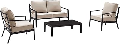Pulaski Metal X Back Upholstered 4 Piece Entertaining Set Outdoor Furniture, Black/Beige