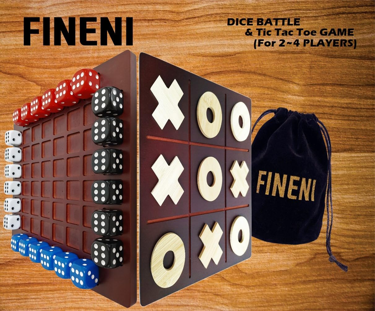Dice Battle & TicTacToe Brettspiel-Set, langlebig, dunkel gefärbte Holz-Couchtischspiele für Erwachsene, Bar-Brettspiel, Indoor-Tischspiel und 2-4 Spieler, Holz-Tischplattenspiele (TDB-4BD)