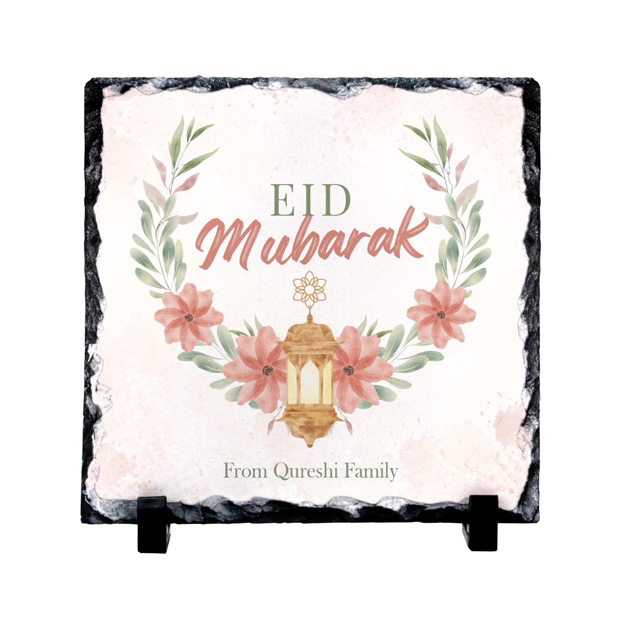 Personalised Eid Mubarak Slate Plaque – Custom Family Name Islamic Ramadan Gift, Handcrafted Decorative Stone with Lantern Design, Perfect Muslim Home Décor & Blessings for Eid Celebrations