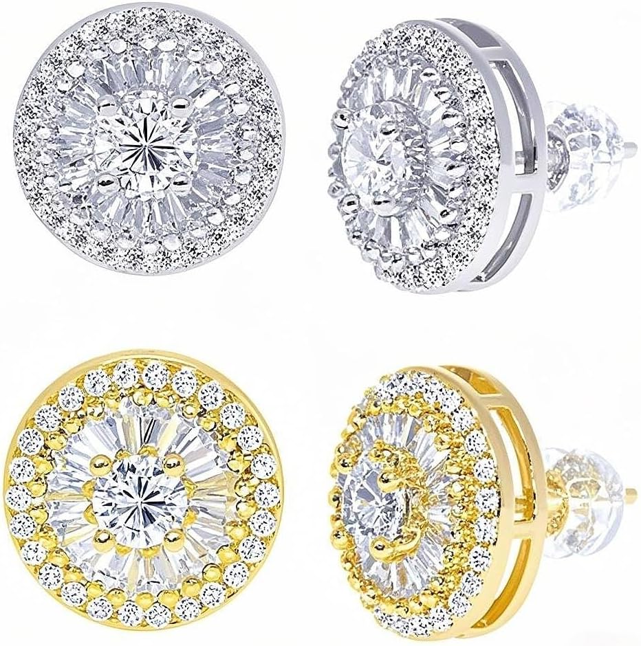 LuReen Earring Studs for Men Women - 18K Gold Plated Cubic Zirconia Stud Earrings Set, Iced Out CZ Studs, Simulated Diamond Halo Earrings (2 Pairs)