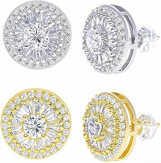 LuReen Earring Studs for Men Women - 18K Gold Plated Cubic Zirconia Stud Earrings Set, Iced Out CZ Studs, Simulated Diamond Halo Earrings (2 Pairs)
