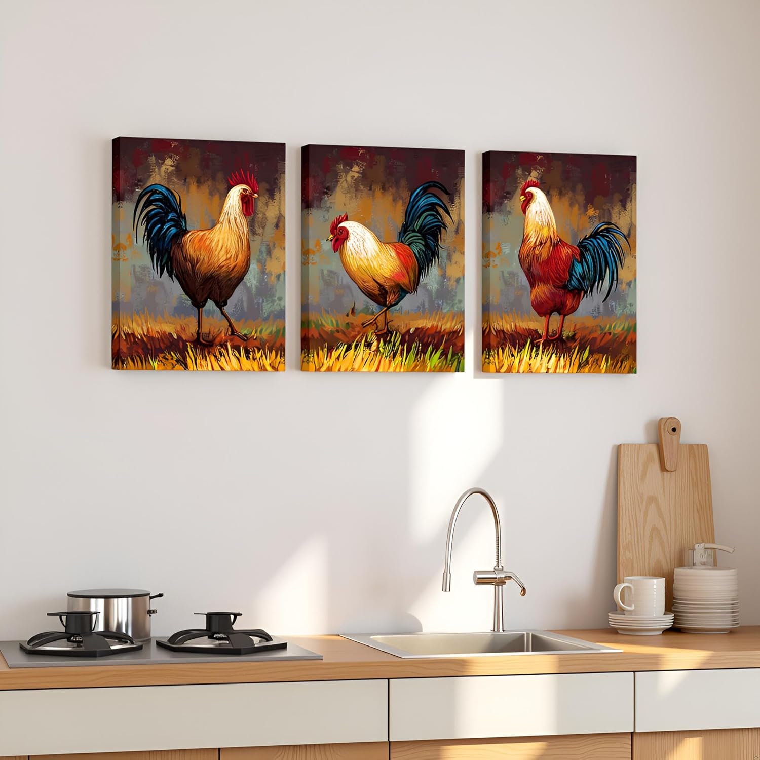 FuShvre Rooster Kitchen Decor Chicken Wall Art Picture on Canvas Farmhouse Decorations for Home Framed 12"x16"x3pcs