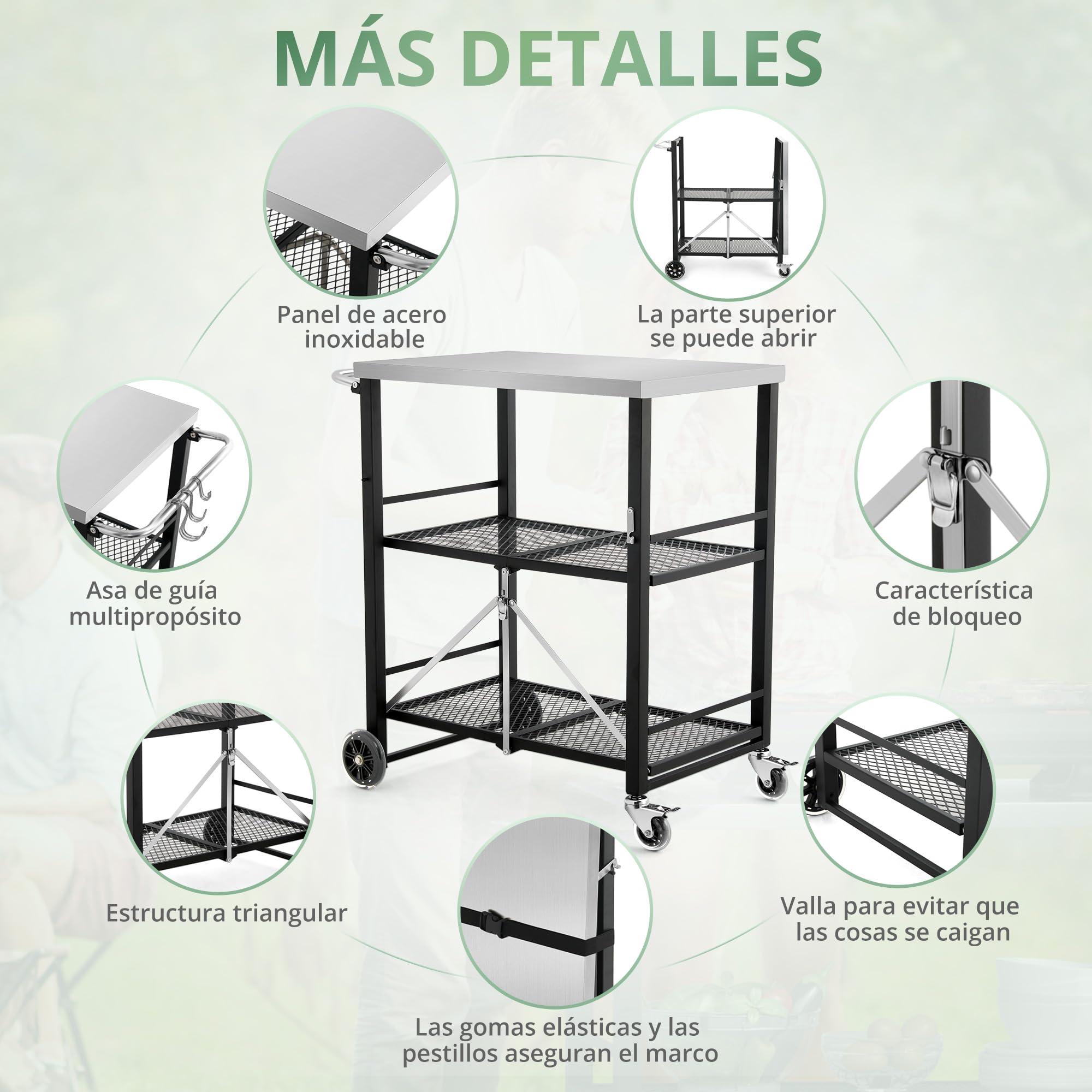 LUE BONA Mesa de Barbacoa con 2 Niveles,Carro de Barbacoa con 4 Ruedas Cerradas,Postre Exterior para Barbacoa con Ganchos y Estante,Carrito de Comedor para Cocinas,Barbacoas,Fiestas,47x70x86 cm,Negro