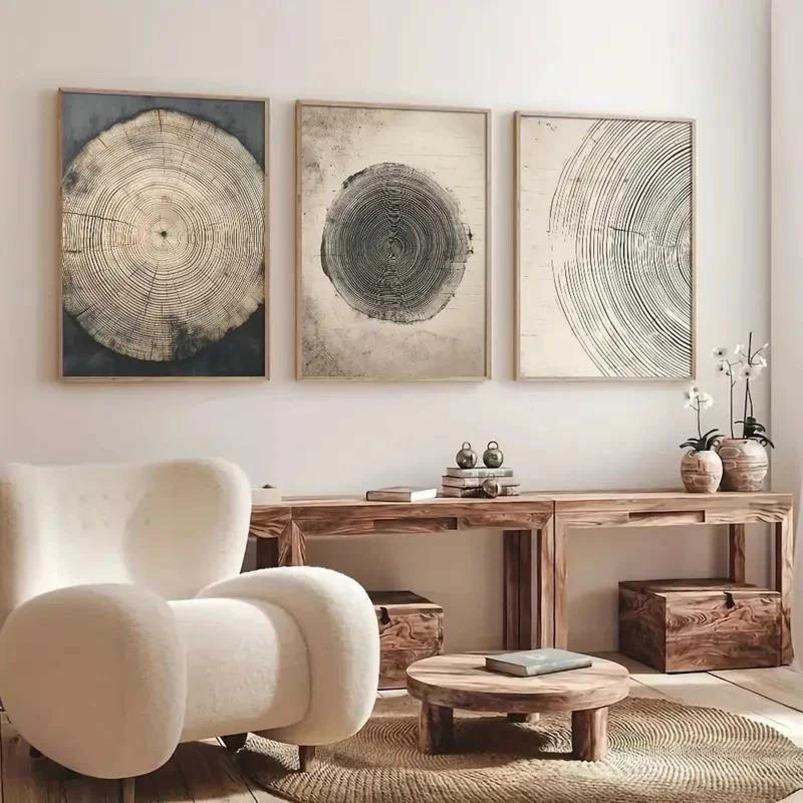 Baibexing Abstract Tree Ring Simple Retro Canvas Paintg Bohemian Wall Art Picture Living Room Dining Home Decoration 30X40Cmx3Pcs Unframed