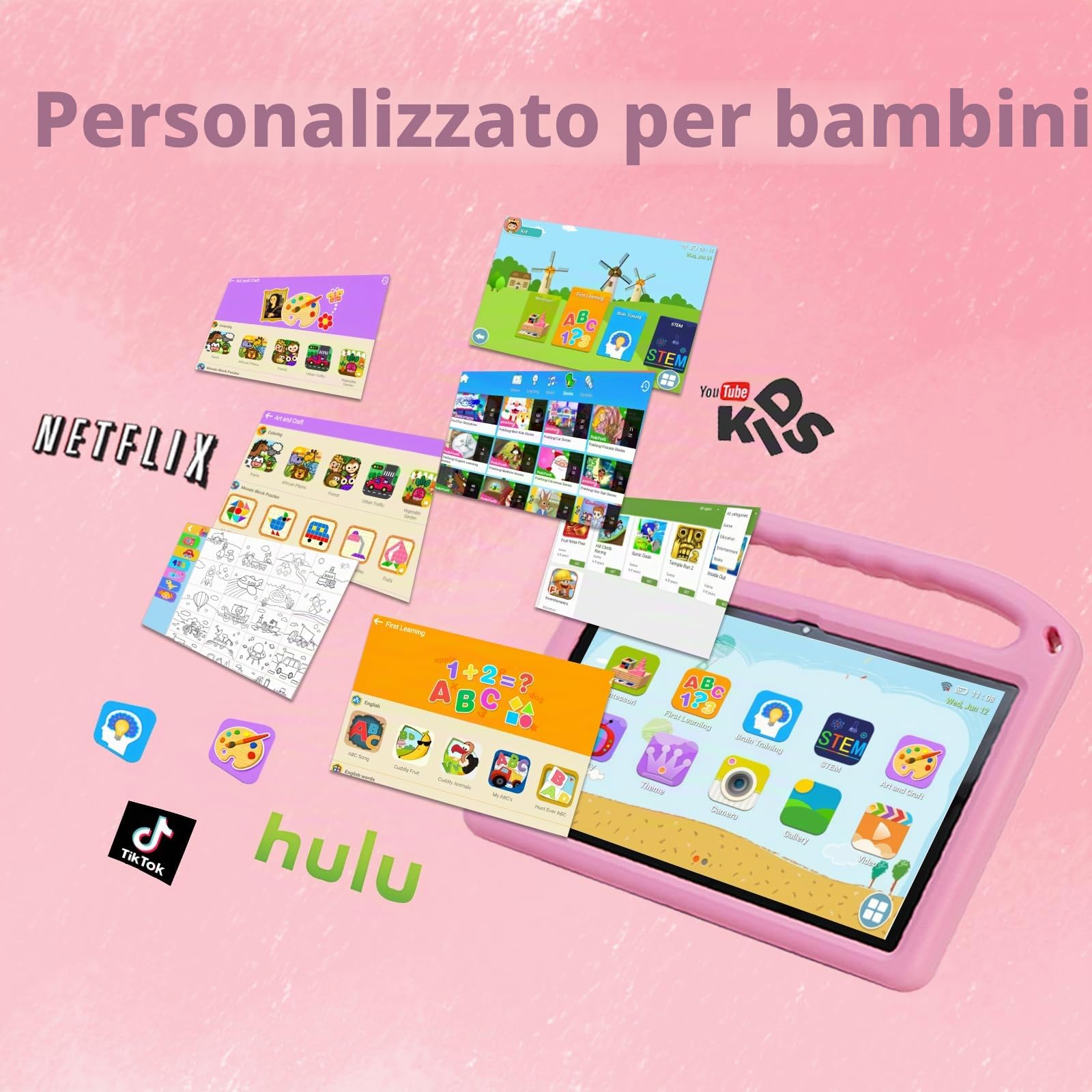 Android 14 Tablet per Bambini da 10 Pollici - 8GB+128GB (Fino a 1TB), WiFi 6, GMS, Controllo Parentale Family Link, Custodia EVA Antiurto (Rosa)
