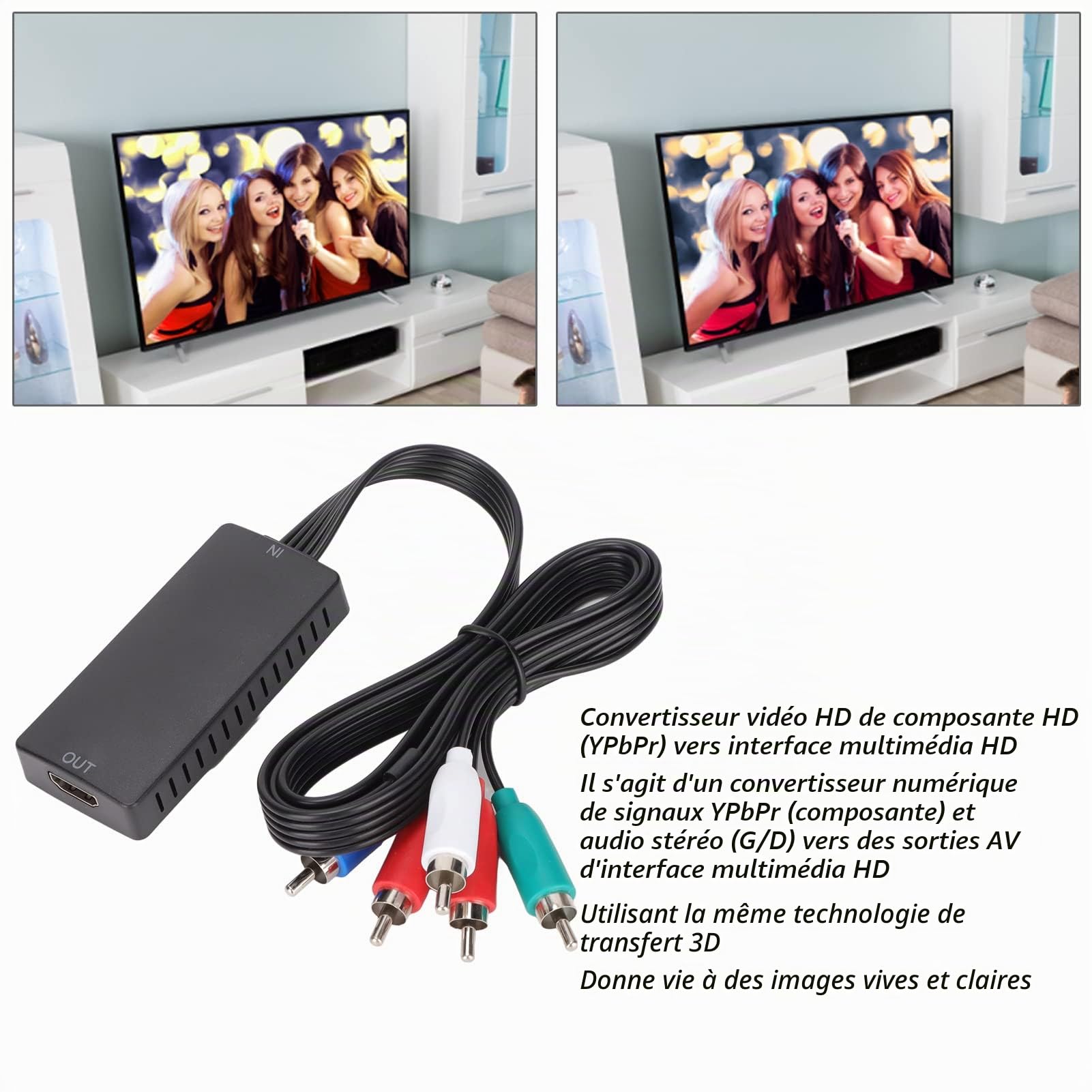 Convertisseur Composant Vers HDMI, Adaptateur D'interface Multimédia YPbPr Vers HD, Convertisseur AV 1080P, Prend En Charge Les Périphériques Source YPbPr vers HDTV, Moniteur, Projecteur, Etc.
