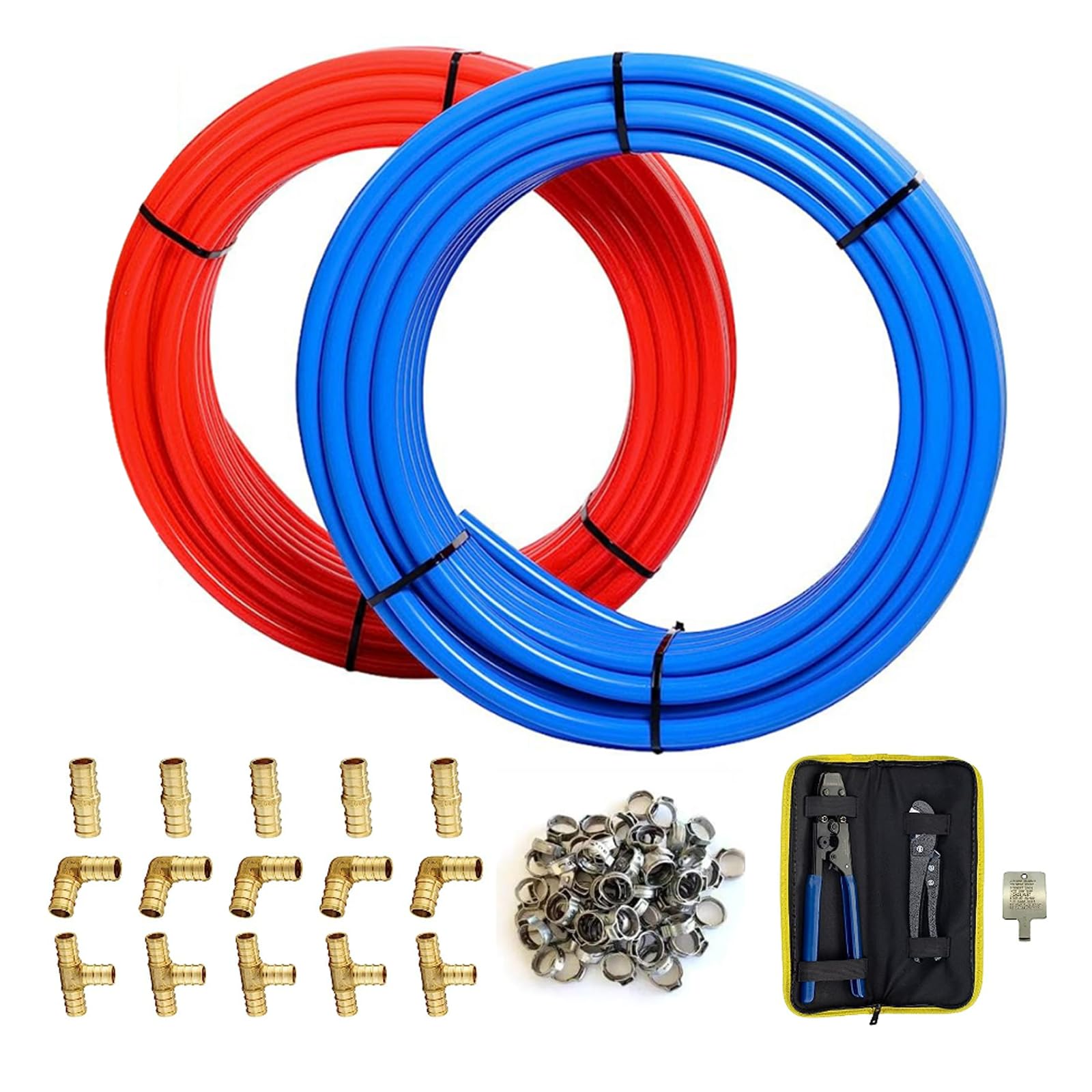 Kit de tuyau PEX-B 1/2 pouce/2 pouce avec outils : 2 rouleaux de tuyau PEX de 100 pieds (200 pieds) chacun (bleu et rouge), raccords en laiton à sertir 1/2 pouce/2 pouce (15 pièces) : coudes, tés, c