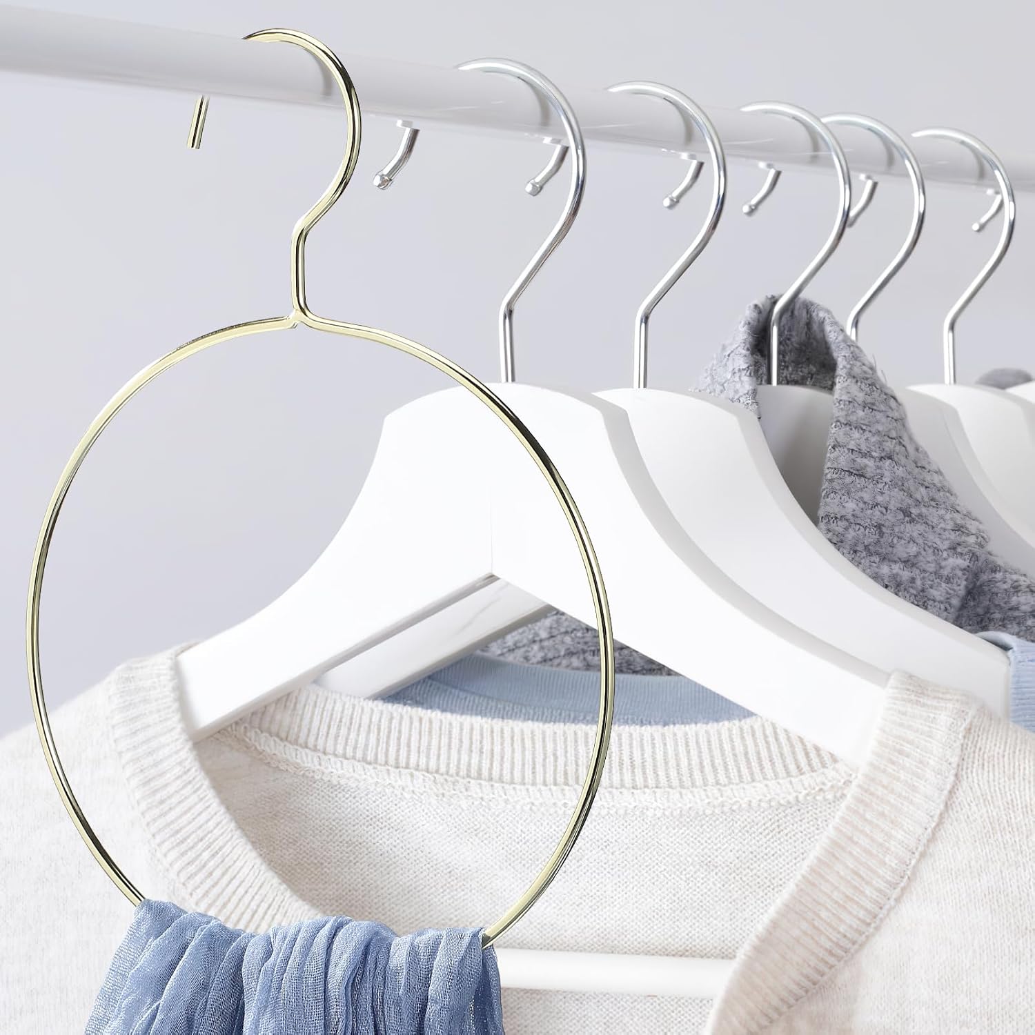 10 Pcs Golden Scarf Organizer for Closet, Clothes Belt/Scarf Hangers for Closet, Space Saving Steel Tie Scarves Rings Holder for Neckties, Shawls, Scarves, Veils, Pashminas Display, Sorting