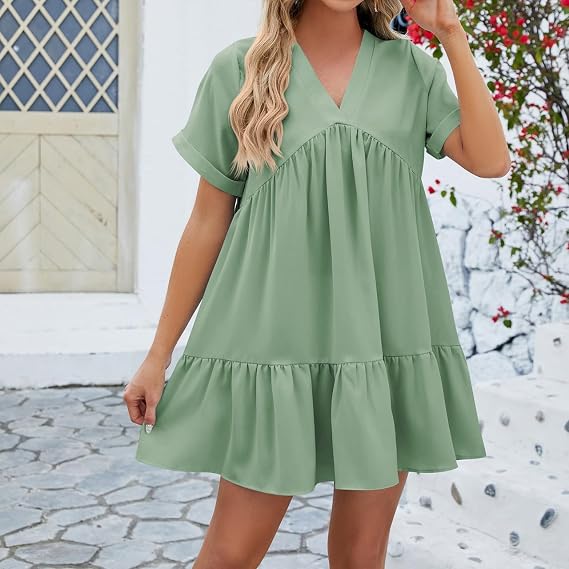 Summer Casual Dresses for Women V-Neck Solid Color Short Sleeve Pleated Loose Dress Vacation Flowy Shift Dresses