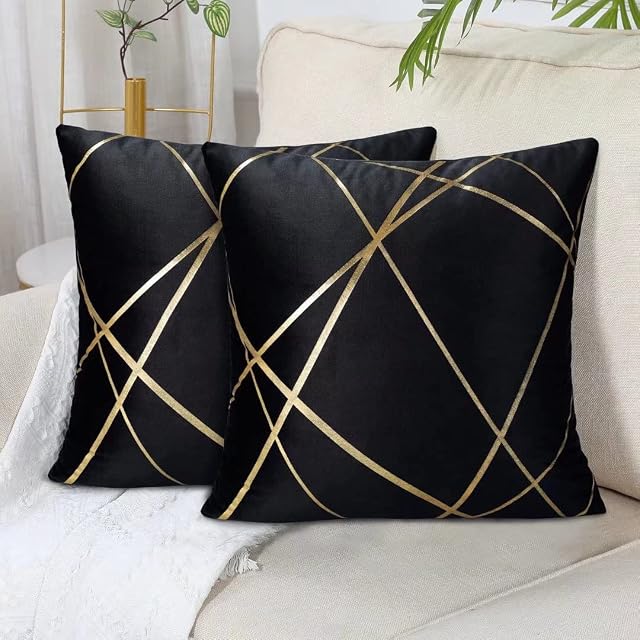 Velvet Cushion Cover Black Decorative Throw Pillow Covers Gold Lines Square Geometry Cushion Case Soft Home for Living Room Bedroom Pack of 2 18 x 18 Inch 45 x 45 CM