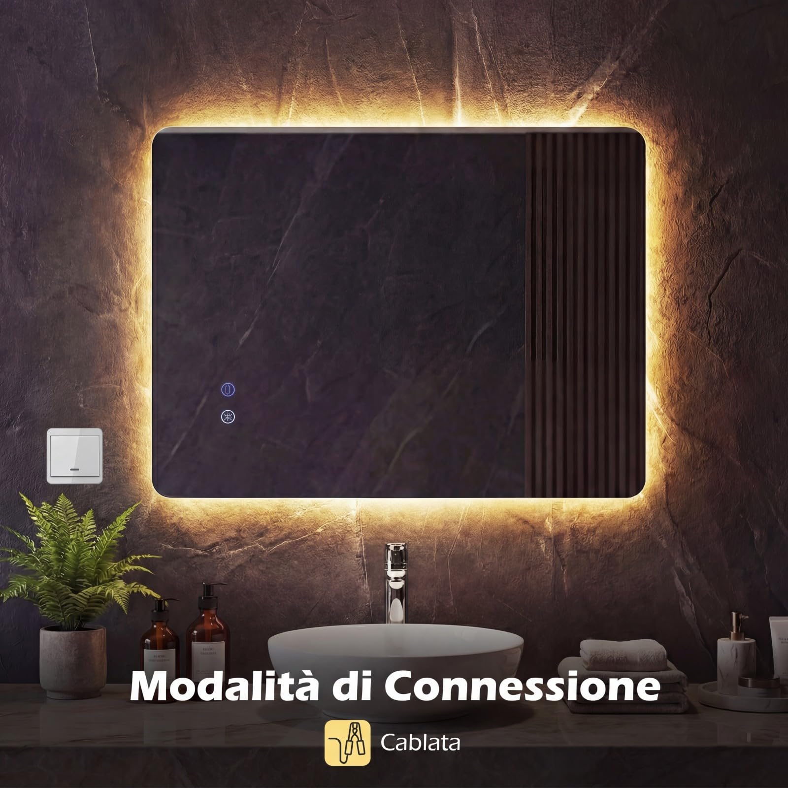 COSTWAY Specchio da Bagno Rettangolare con LED, Specchio da Parete con Luminosità Regolabile, Retroilluminato, Touch Intelligente, Vetro Temperato con Memoria e Anti-Appannamento (70 x 50 x 2,8 cm)