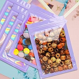 Funfery 100 pcs Purple Smell Proof Mylar Holographic Bags Packaging Bags,Clear Seal Resealable Odor Proof Bag Foil Pouch Zipper Bag for Food Storage,Lipgloss,Jewelry,EyeLash Packing(3.5x6.3In)