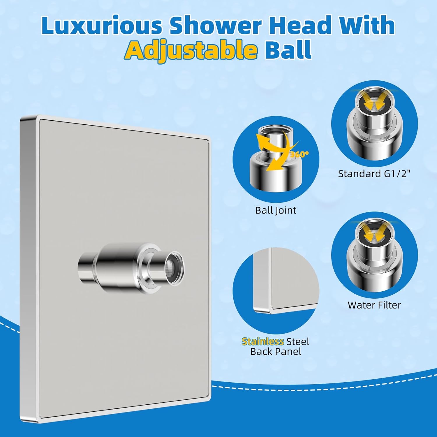 Hibbent cUCPC Certified Thickness Rain Shower Head, 8'' High Pressure Rainfall Shower Head, Square Bathroom Waterfall Shower Heads, High Flow Fixed Showerheads with Adjustable Brass Ball Joint, Chrome - Image 2