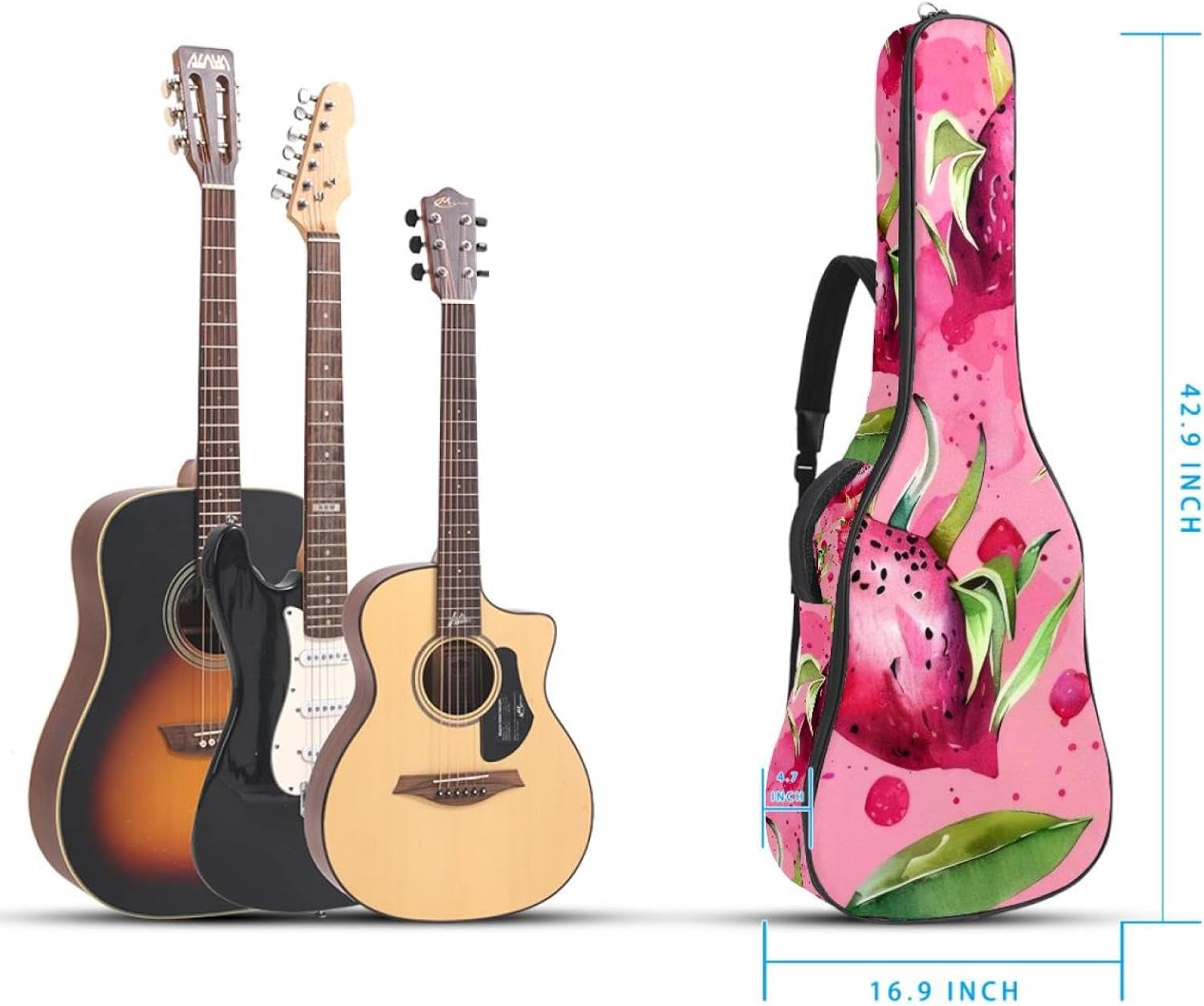 Acoustic Guitar Gig Bag 1 cm Thick Padding, Waterproof Electric Guitar Bag 40-42 Inch Guitar Case Backpack with Dual Shoulder Strap, Dragon Fruit Tropical Print Pink Color Background